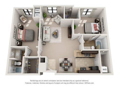 Floor plan for 2 beds, 2 baths, 1111 sqft